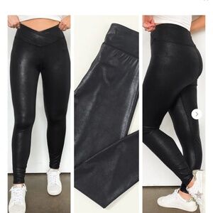 NWOT Satin Finish Pebble Faux Leather Leggings with Crisscross Waistband